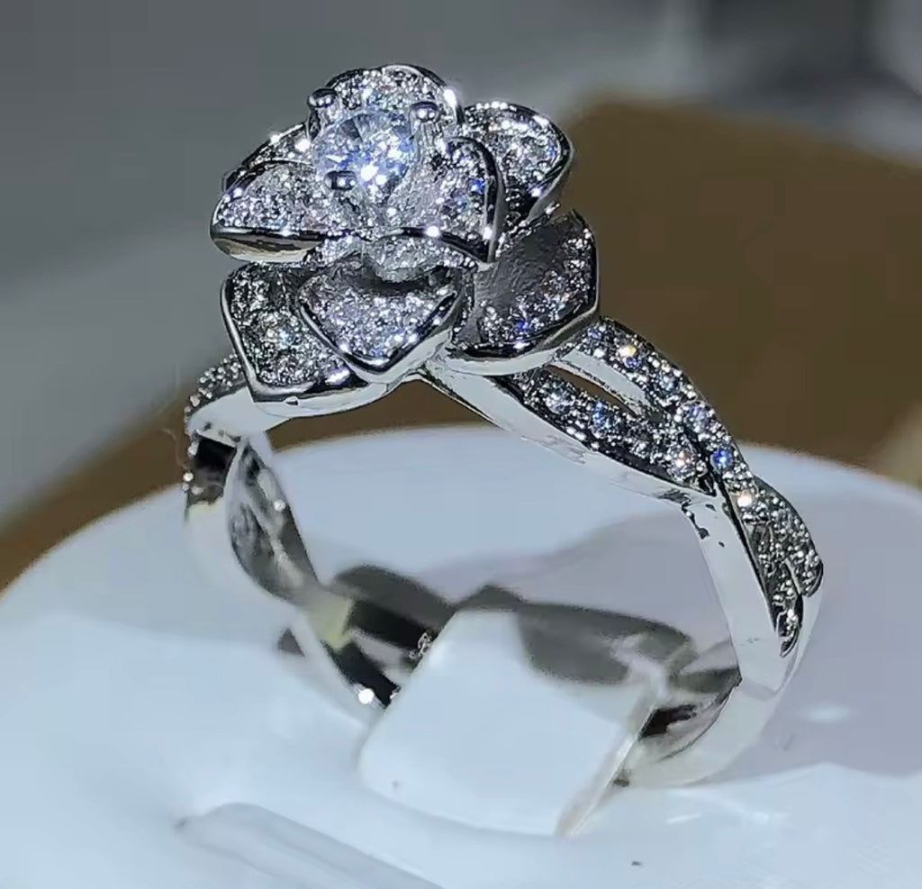 Sparkling Silver Rose Blossom Ring - 925 Sterling Silver