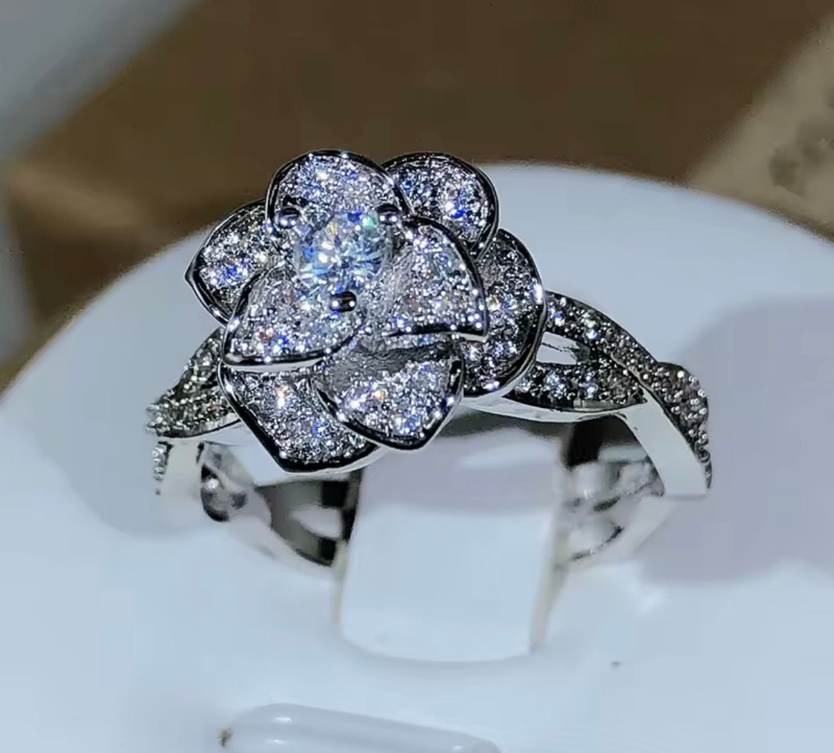 Sparkling Silver Rose Blossom Ring - 925 Sterling Silver