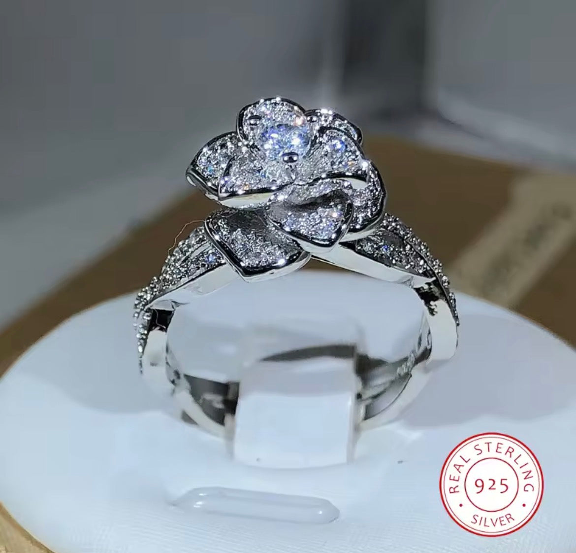 Sparkling Silver Rose Blossom Ring - 925 Sterling Silver