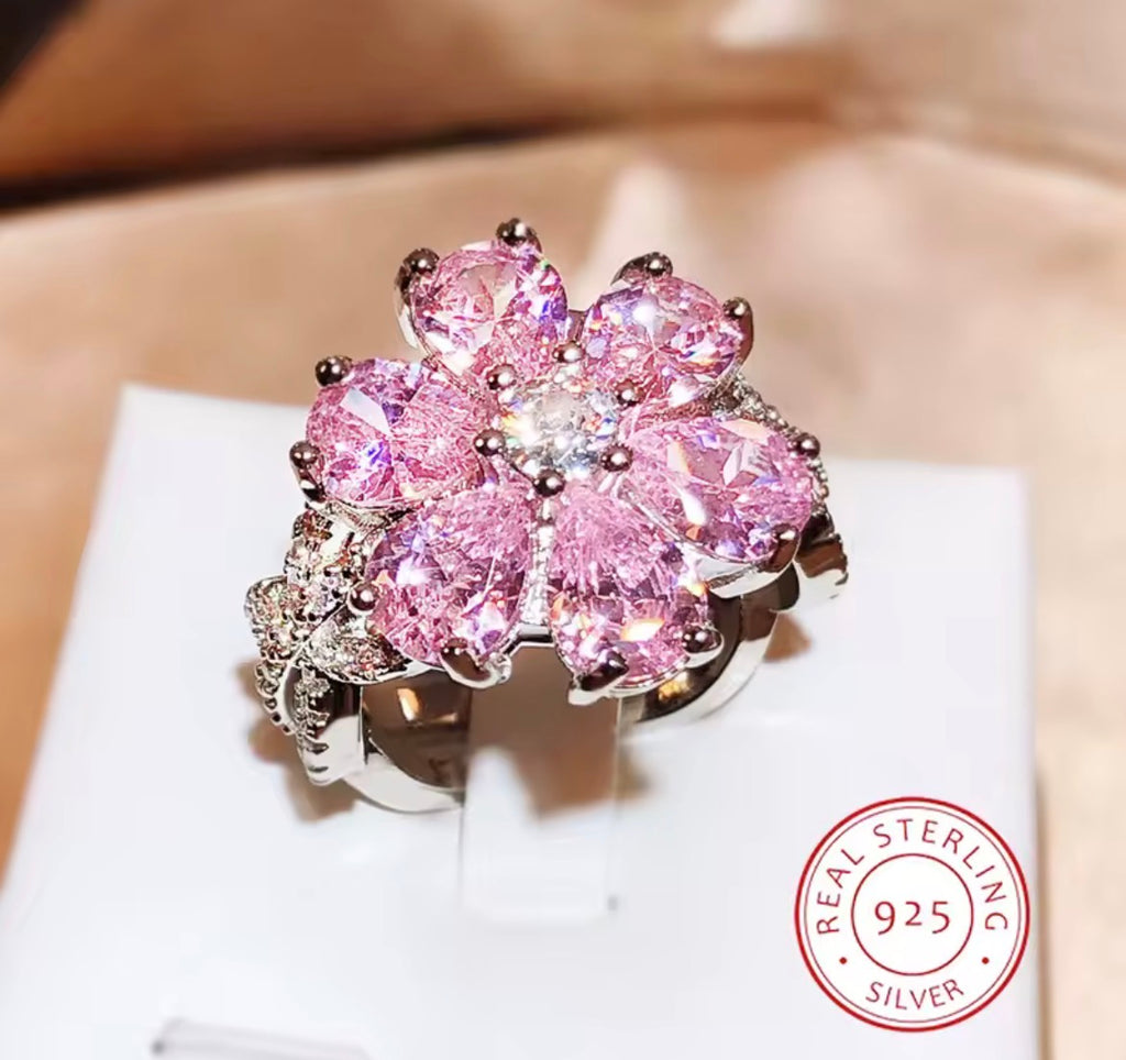 Pink Blossom Sterling Silver Cluster Ring - 925 Silver
