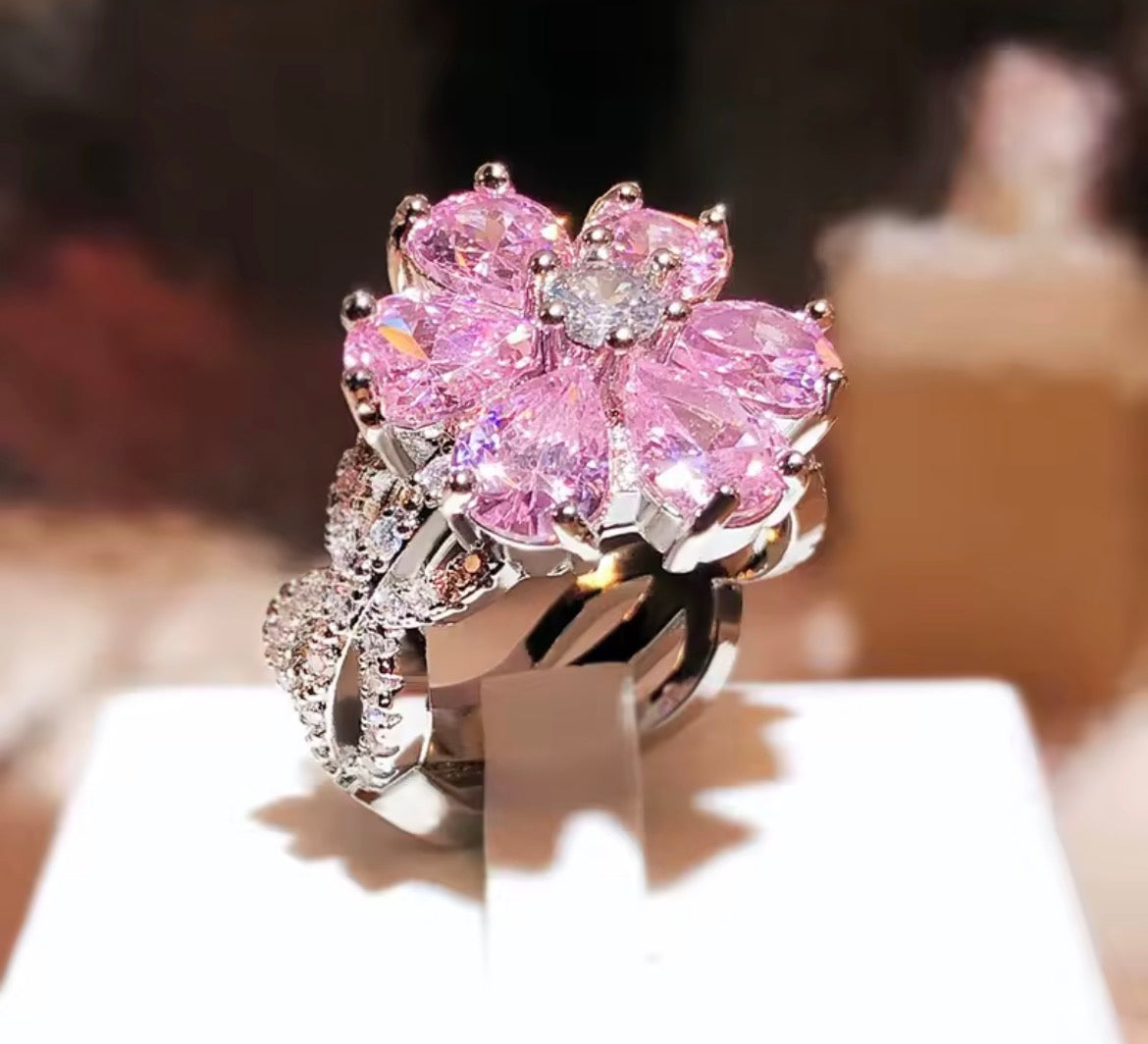 Pink Blossom Sterling Silver Cluster Ring - 925 Silver
