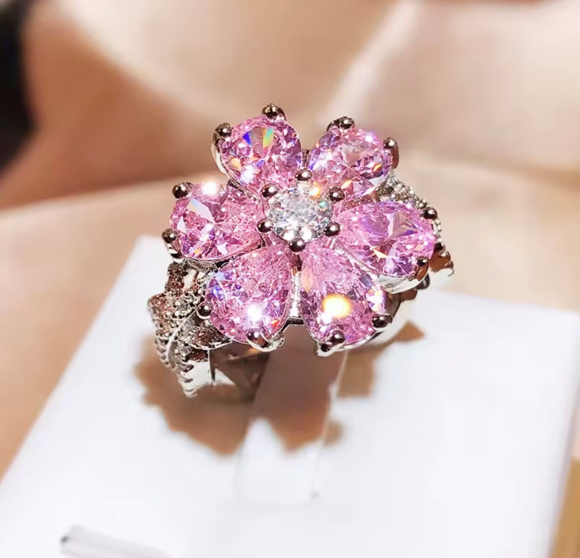 Pink Blossom Sterling Silver Cluster Ring - 925 Silver